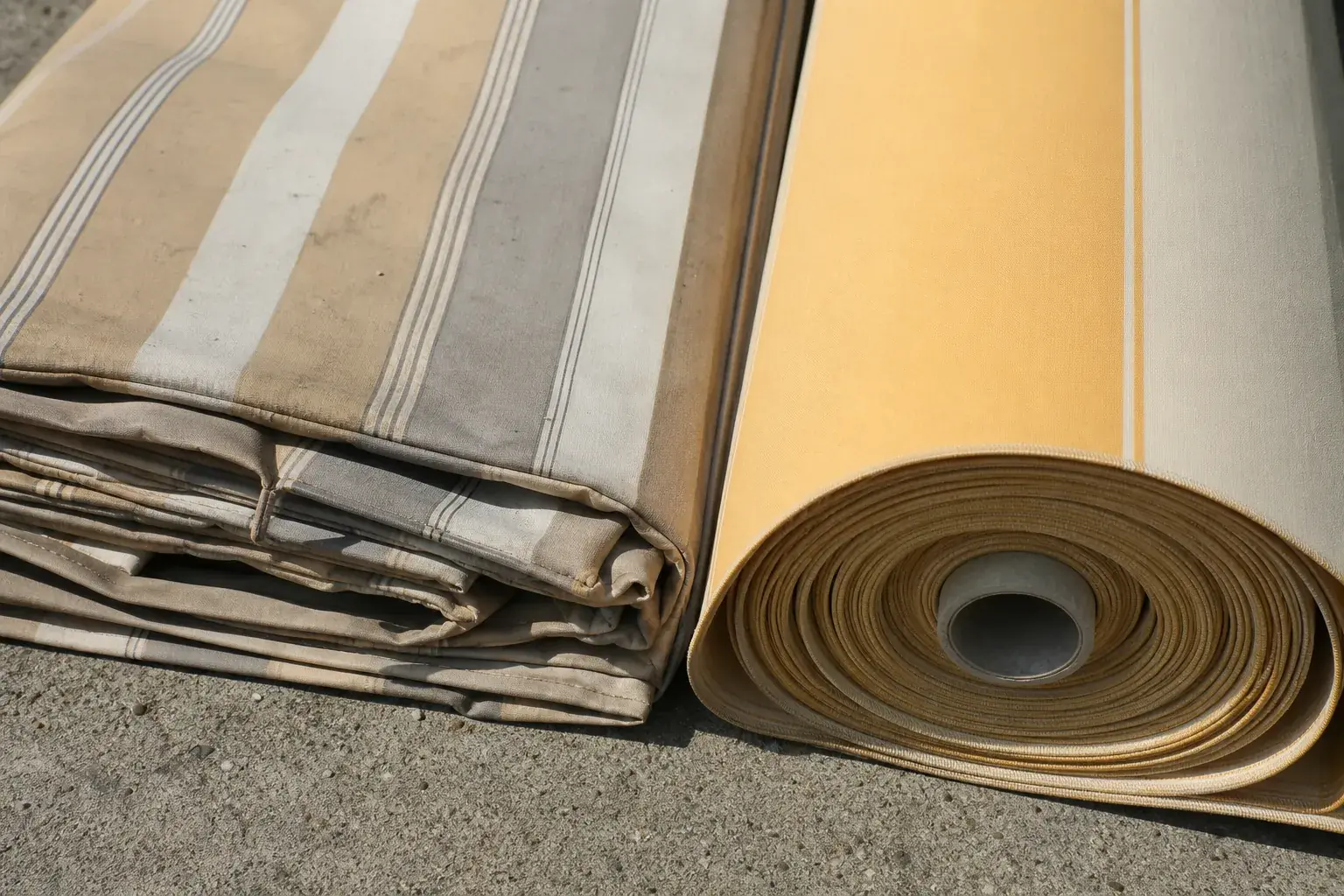 Toile de store banne pliée à côté d’un rouleau de toile neuve, comparaison de texture
