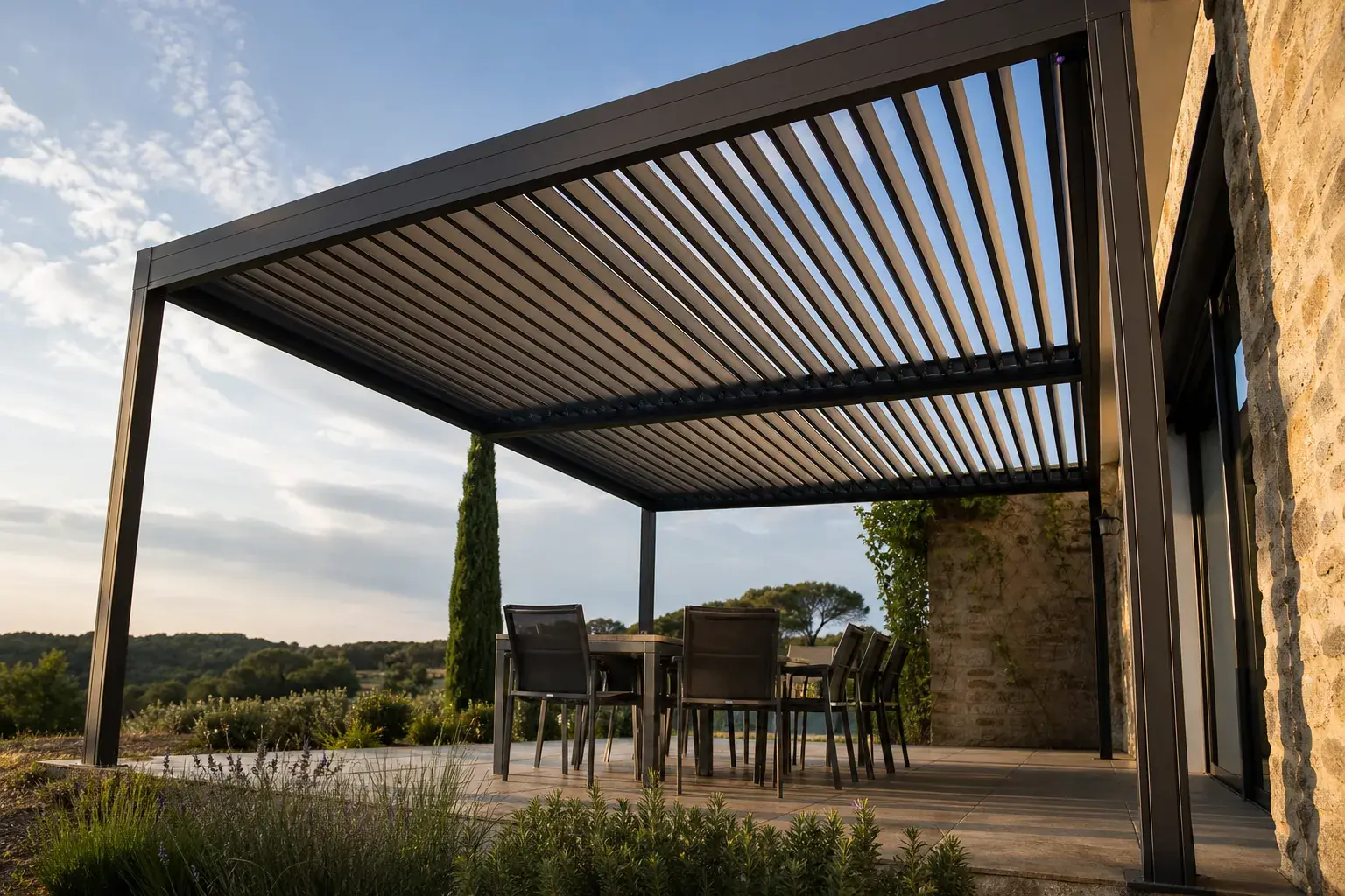 Pergola bioclimatique aluminium à lames orientables au-dessus d’une terrasse meublée, lames mi-ouvertes