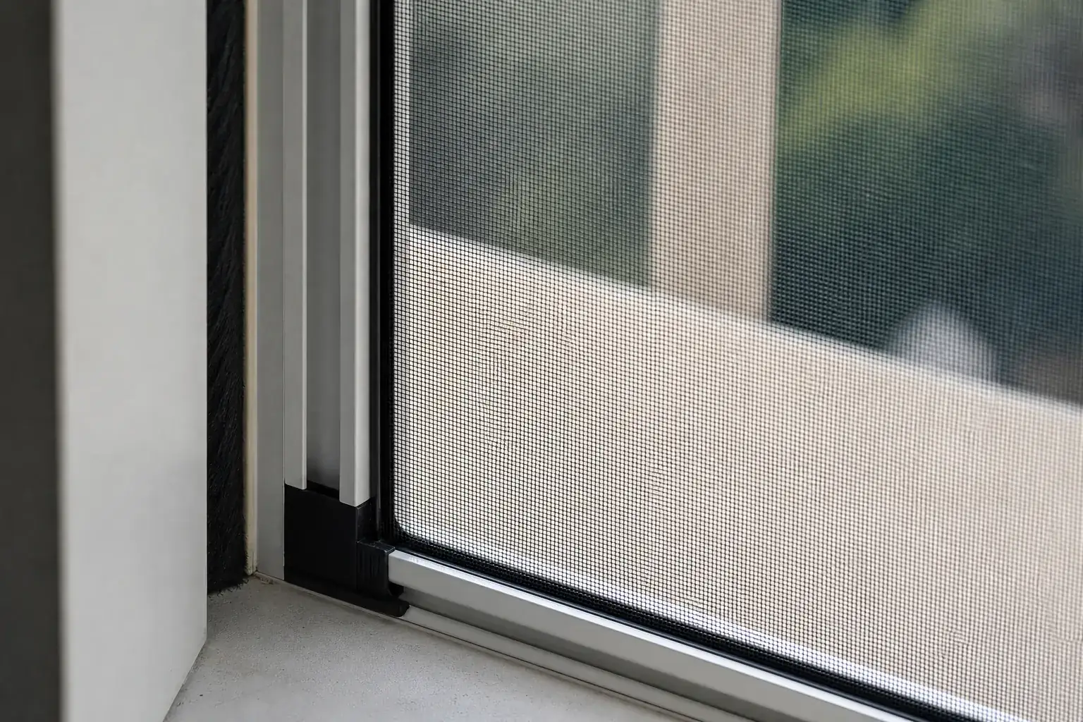 Détail du guidage latéral et de la toile fine d’une moustiquaire sur mesure posée sur une fenêtre